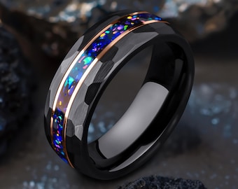 Hammered Black Nebula Ring, Mens Tungsten Carbide Galaxy Wedding Band, Galaxy Opal Ring, 8mm Mens Rose Gold Hammered Ring, Personalized Gift