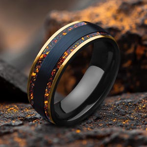 Mens Black and Gold Tungsten Ring, Red Fire Opal Inlay, Stepped Wedding Band, Custom Engraving, Mens Engagement Ring, Promise Ring for Him
