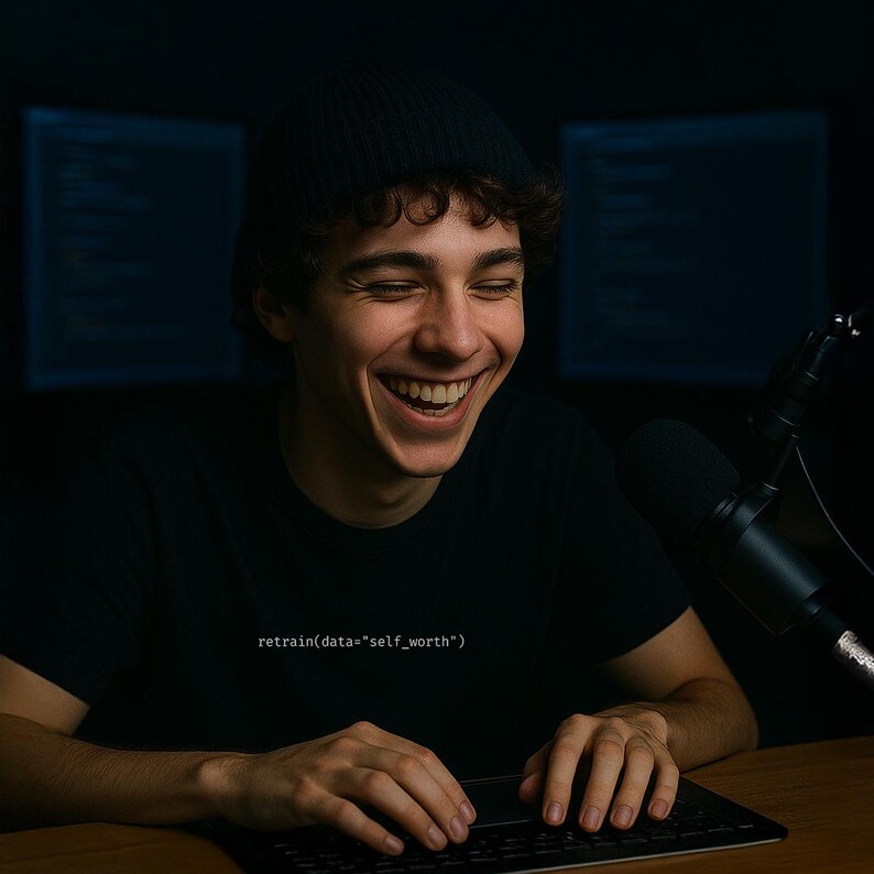 Puede incluir: Una persona sonriente con gorro negro y camiseta negra con el texto "retrain(data="self_worth")". Un micr&oacute;fono y dos pantallas de ordenador son visibles en el fondo.