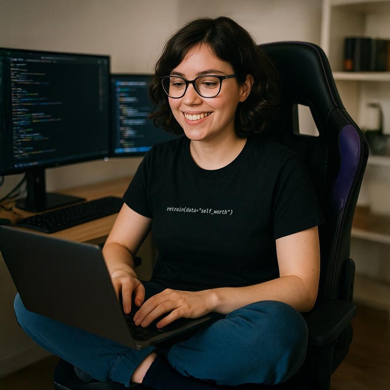Puede incluir: Una persona lleva una camiseta negra con el texto "retrain(data="self_worth")" en blanco. La persona lleva gafas y est&aacute; sentada frente a una computadora, usando una computadora port&aacute;til. El fondo incluye un escritorio y un monitor de computadora.
