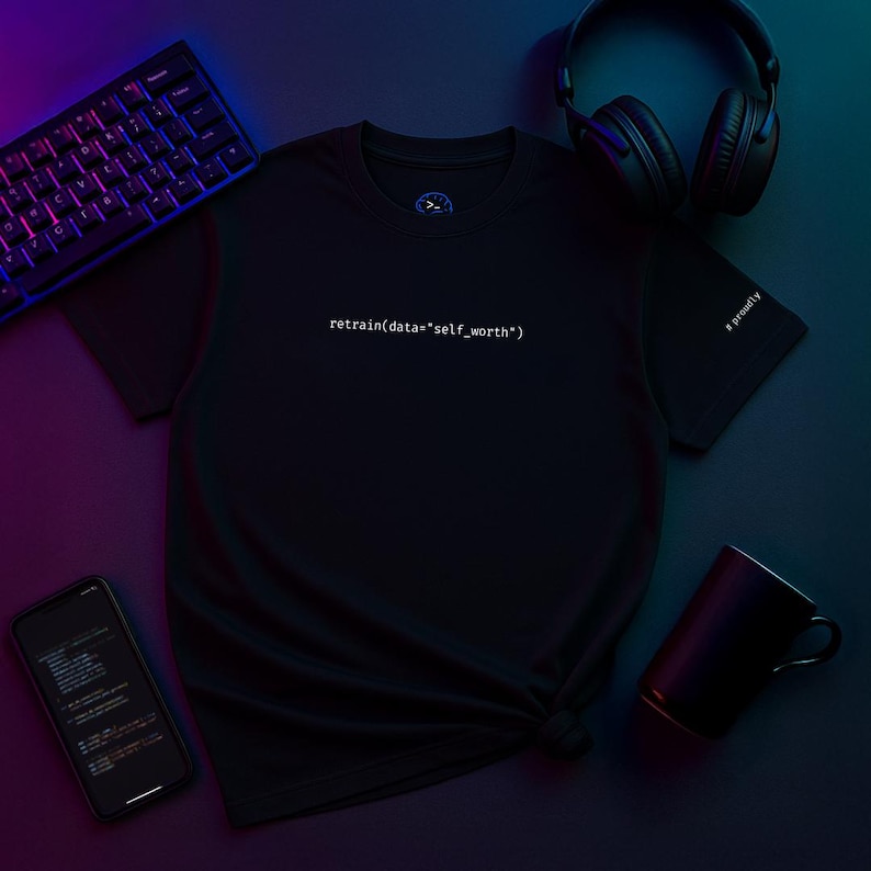 Puede incluir: Camiseta negra con el texto "retrain(data="self_worth")" en blanco. La camiseta tambi&eacute;n tiene el texto "# proudly" en la manga. Un teclado, auriculares, un tel&eacute;fono y una taza est&aacute;n en el fondo.