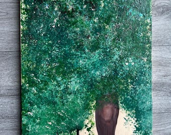 Pintura em acrílico sobre madeira de demolição, simulando um balanço de árvore.