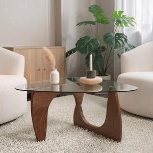 Modern Triangular Glass Coffee Table: Oak Wood Base Accent Table