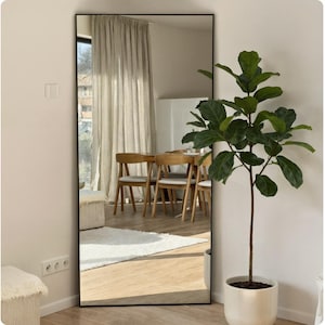 May include: A full-length rectangular mirror with a black frame stands against a white wall. The mirror reflects a room with wooden chairs, a table, and a white rug. A potted plant with large green leaves is to the right of the mirror.