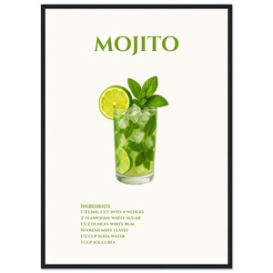 Póster con marco de madera y receta clásica de mojito