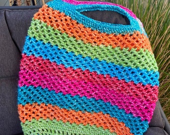 Crocheted Beach Bag, Tote bag, crochet, carry bag, market tote, boho style, rainbow, beautiful colourful, vintage style, Australian seller