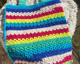 Crocheted bag, Beach Bag, Tote bag, carry bag, knit crochet, rainbow stripes, market bag, multi colour, boho bag, tote, Australian seller