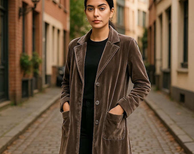 Brown Velvet Long Coat – Elegant Classic Winter Trench for Women