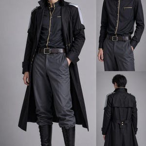 May include: A black trench coat with silver accents on the shoulders, paired with a black shirt and gray trousers. The outfit includes a brown belt and black knee-high boots. The shirt has gold trim.