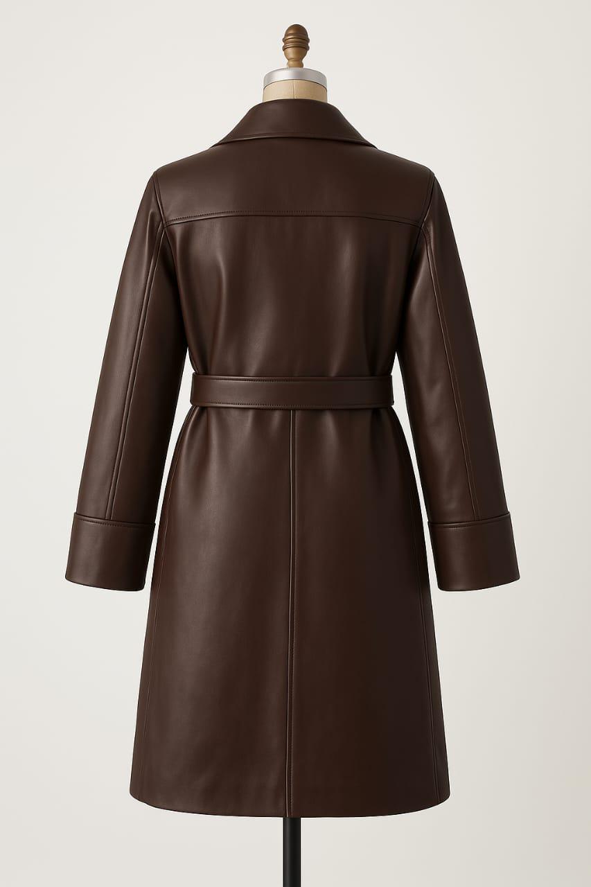 シックなダークブラウンのベルト付きレザートレンチコート - ミニマル