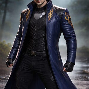 Gabardina larga de cuero azul estilo guerrero fantástico, chaqueta de cosplay inspirada en el anime gótico para hombre