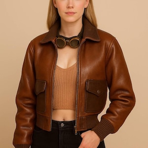 Vintage Style Braun Leder Crop Aviator Jacke für Frauen