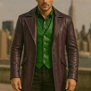 Men’s Purple Leather Long Coat | Gothic Steampunk Tailcoat | Joker-Inspired Vintage Trench | Handmade Cosplay & Halloween Jacket