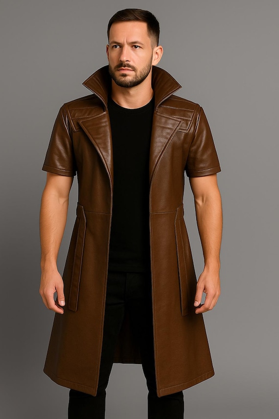 Trench Giacca Lunga Uomo Pelle Pantaloni Trench Uomo Eleganti Trench In  Pelle Nero Uomo Giacca