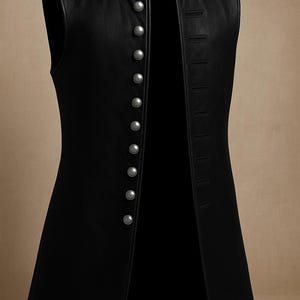 May include: A black, sleeveless vest with a mandarin collar and a row of silver buttons down the front. The vest has a long, tailored fit and a classic design, suitable for formal or costume wear.