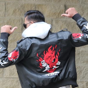 Handmade Customized Cyberpunk Samurai Jacket - Leather Cyberpunk 2077 V-Inspired Hooded Jacket for Men