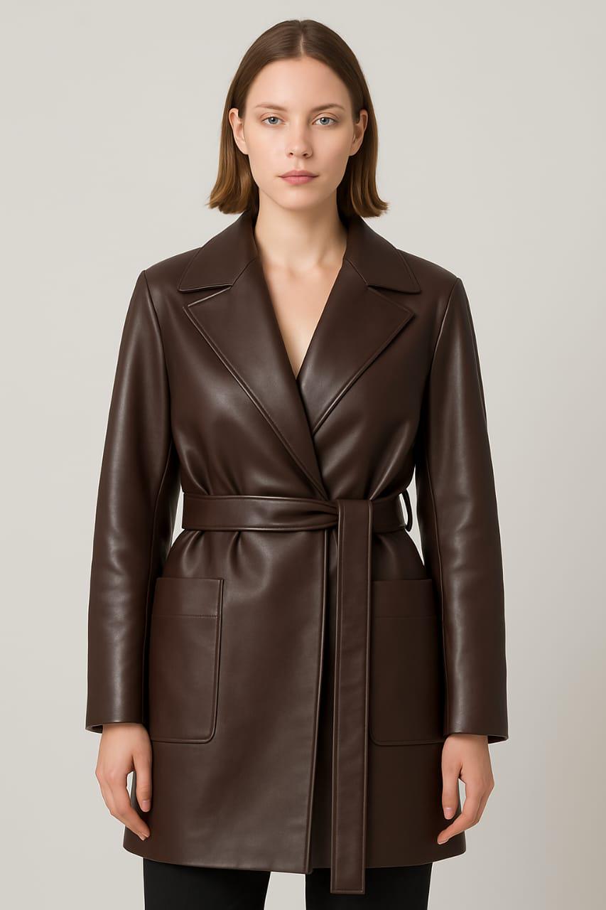 シックなダークブラウンのベルト付きレザートレンチコート