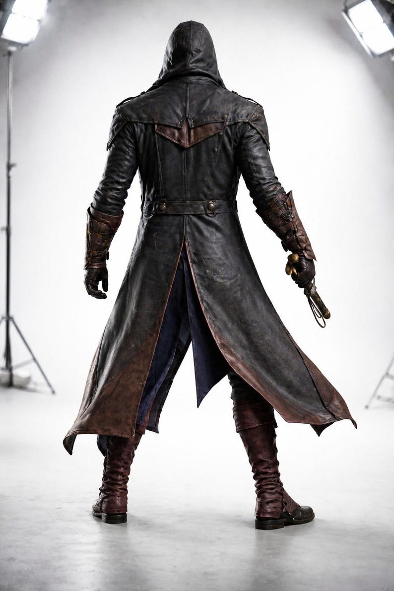 May include: A black leather hooded coat with brown detailing, worn with matching boots and gloves. The coat has a long, split back and a belt at the waist. A prop weapon is held in the right hand. Suitable for cosplay or theatrical performances.