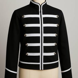 男女兼用ブラックミリタリースタイルバンドジャケット - コットンパレードマーチングジャケット、ゴシックスチームパンクユニフォームコスチューム
