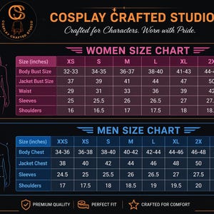 May include: A size chart for women's and men's clothing, with measurements in inches. The chart includes bust, waist, sleeves, and shoulder measurements for women's sizes XS to 3X and men's sizes XXS to 4X. The text "COSPLAY CRAFTED STUDIO" is at the top.