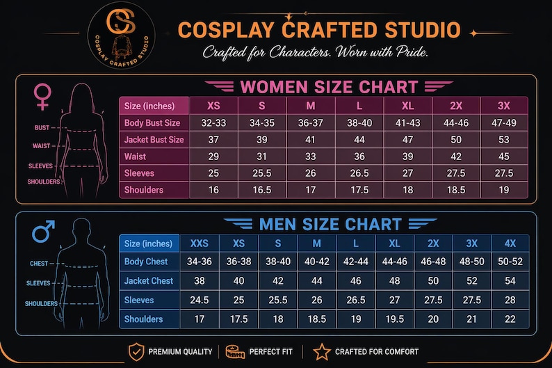 May include: A size chart for women's and men's clothing, with measurements in inches. The chart includes bust, waist, sleeves, and shoulder measurements for women's sizes XS to 3X and men's sizes XXS to 4X. The text "COSPLAY CRAFTED STUDIO" is at the top.