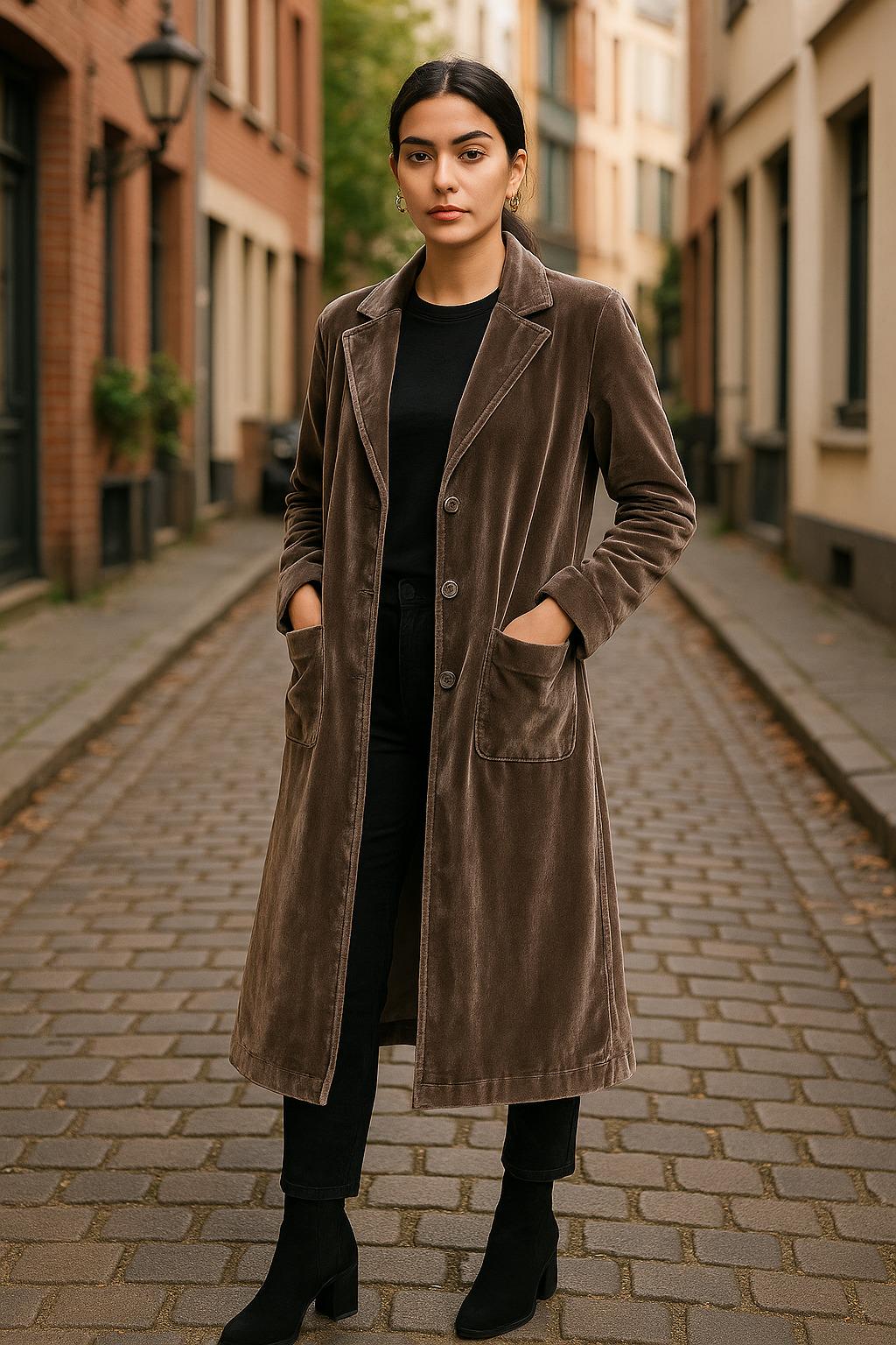 Vintage-inspired Long Velvet Corduroy Coat for Women