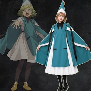 May include: A teal and white costume featuring a long-sleeved dress with a white skirt, a teal capelet with black buttons, a black collared shirt underneath, and a matching pointed teal hat with a white band and a small tassel at the top.
