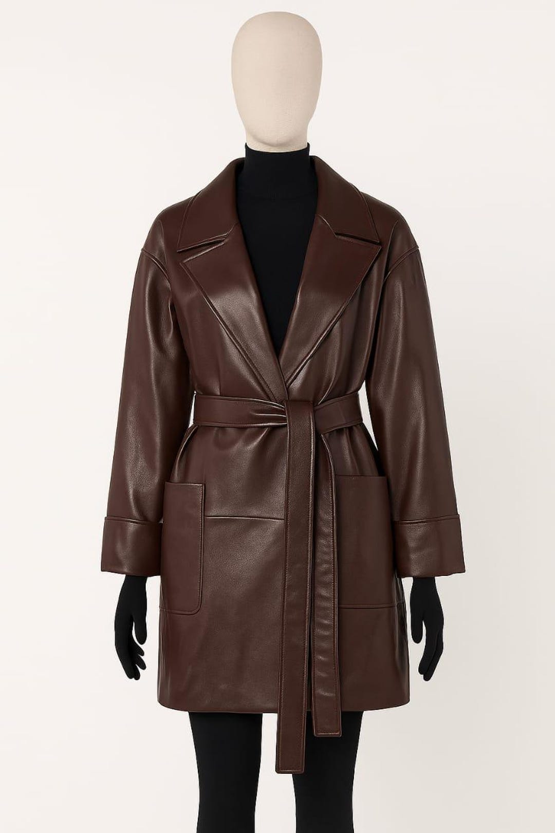 シックなダークブラウンのベルト付きレザートレンチコート - ミニマル