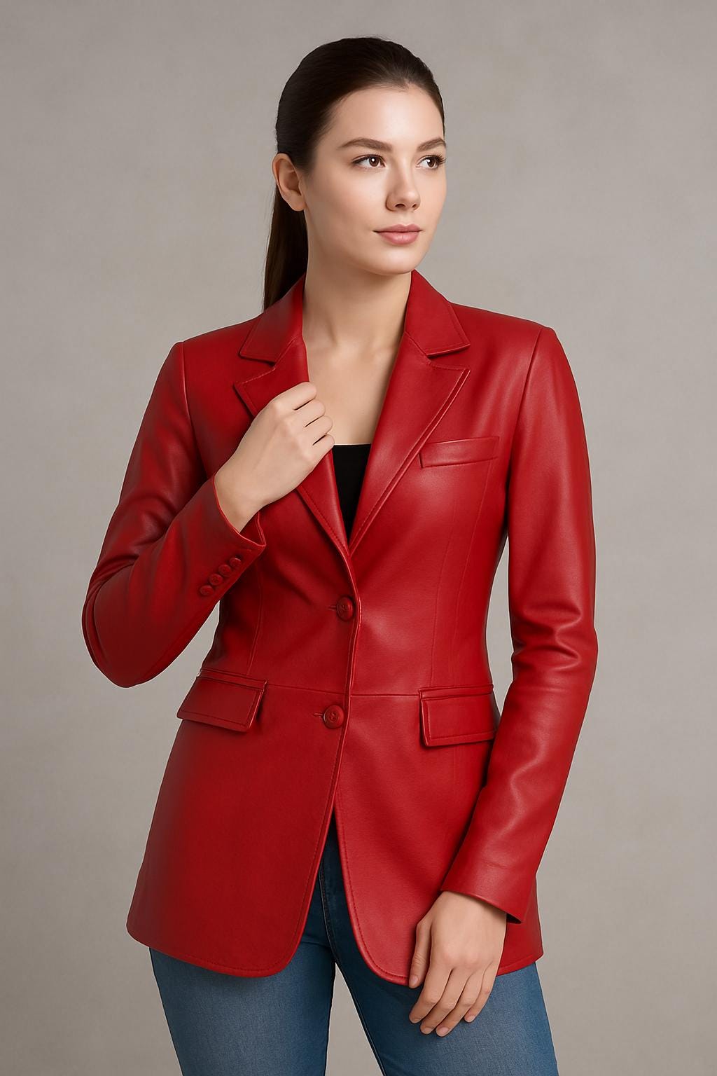 Women's Red Leather Blazer Classic Fitted Office wear Stylish Ladies Coat