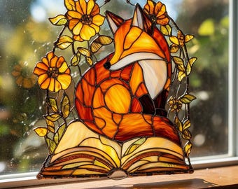 Fox Suncatcher with Book & Flowers | Cozy Reading Decor | Gift for Book Lovers