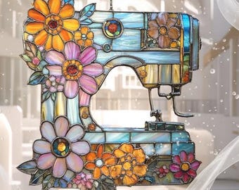 Sewing Machine Suncatcher with Flowers | Handmade Window Hanging | Quilting Room Decor | Gift for Crafters