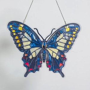 Blue Butterfly Faux Stained Glass Acrylic Suncatcher Window Hanging, Nature Home Decor, Garden Lover Gift, Spring Accent For Her