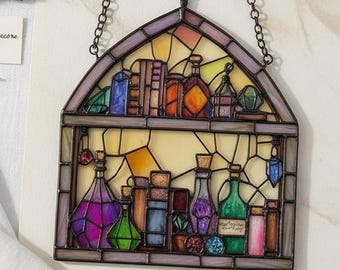 Magic Potion Shelf Suncatcher | Handmade Window Hanging | Witchy Cottagecore Decor | Fantasy Gift for Her