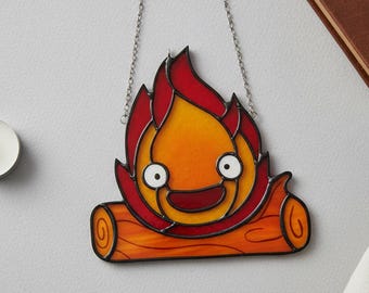Calcifer Faux Stained Glass Suncatcher, Cottagecore Window Decor, Gift for Anime Fans