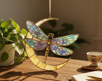 Iridescent Dragonfly Resin Suncatcher On Moon, Faux Stained Glass Window Hanging, Magical Acrylic Sun Catcher, Nature Lover Gift Decor