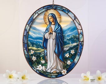 Blessed Virgin Mary Faux Stained Glass Resin Suncatcher, Religious Window Hanging Decor, Christian Home Art, Miraculous Medal Gift