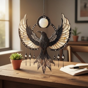 Puede incluir: Un atrapasoles decorativo de vidrieras con forma de cuervo con las alas extendidas, con vidrio negro, crema y transparente. El cuervo cuelga de una cadena y está adornado con perlas de imitación. Está sobre una mesa de madera.