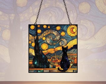 Starry Night Black Cat Resin Suncatcher, Faux Stained Glass Window Hanging, Van Gogh Art Pet Lover Gift, Unique Home Decor
