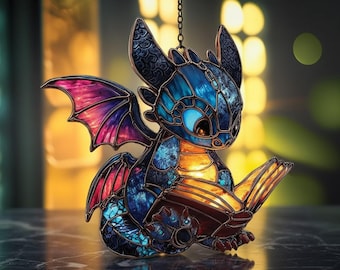 Cute Dragon Resin Suncatcher Faux Stained Glass Window Hanging Art Reading Book Fantasy Home Decor Unique Gift For Book Lovers Nursery Room