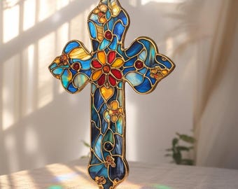 Cross Faux Stained Glass Cross Resin Suncatcher, Vibrant Acrylic Window Hanging, Christian Religious Decor, Colorful Art Gift, Home Wall Art