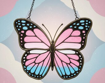 Transgender Flag Butterfly Suncatcher, Faux Stained Glass Window Hanging,  LGBTQ+ Pride Decor Trans Ally Gift