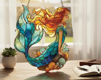 Magical Mermaid Faux Stained Glass Resin Suncatcher, Ocean Goddess Window Hanging Decor, Mythical Creature Art Gift For Home