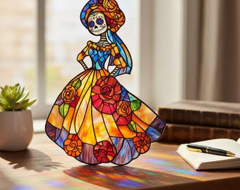 Day Of The Dead FAUX Stained Glass Resin Suncatcher, Elegant Catrina Skeleton Window Hanging, Vibrant Sugar Skull Decor, Mexican Art Gift