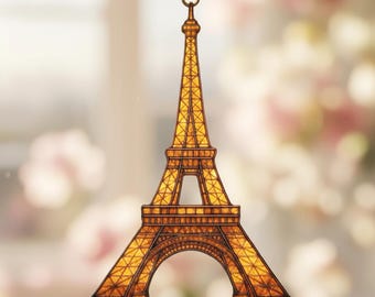 Eiffel Tower Faux Stained Glass Resin Suncatcher, Paris Cityscape Acrylic Window Hanging, French Landmark Home Decor, Travel Gift Idea