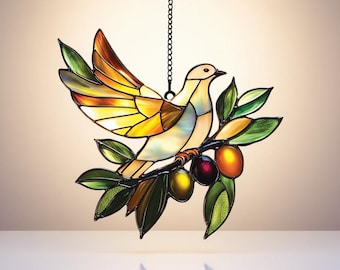 Dove and Olive Resin Suncatcher, Peace Bird Window Hanging Art, Olive Branch Home Decor Gift, Memorial Spiritual Sympathy Present