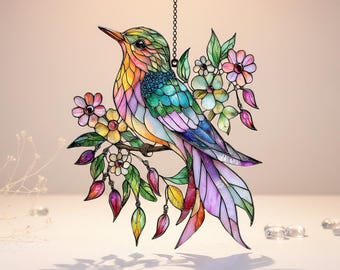 Colorful Bird FAUX Stained Glass Suncatcher – Handmade Floral Window Hanging