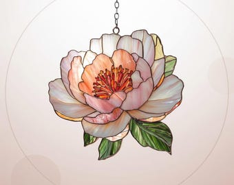 Stained Glass Peony Resin Suncatcher Window Hanging, Elegant Floral Art Decor, Pink Peony Lover Gift, Handmade Home Housewarming Idea
