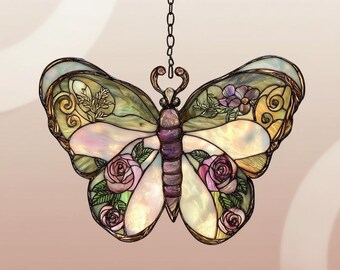 Butterfly Resin Suncatcher With Pink Roses, Iridescent Window Hanging Art, Faux Glass Floral Garden Decor Gift