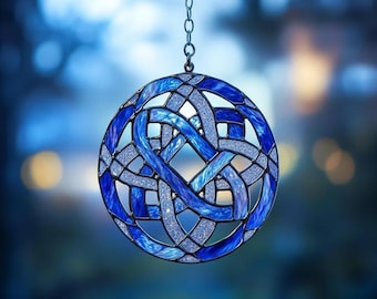 Sparkling Blue Celtic Knot Resin Suncatcher, Acrylic Window Panel, Mystical Stained Glass Look, Handcrafted Irish Decor