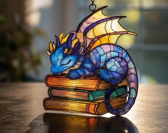 Sleeping Dragon Suncatcher, Faux Stained Glass Resin Window Hanging | Mythical Creature Decor